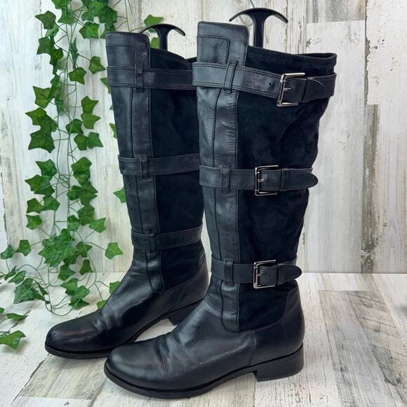 Cole Haan Air Avalon Riding Black Leather Suede Knee Boots D32497 Buckle 9B - Picture 3 of 11